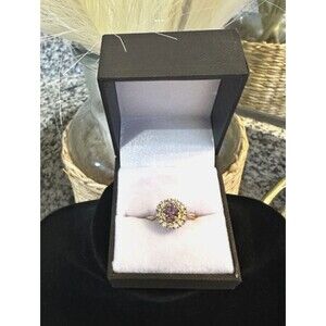 Pink Saphire & Diamond Halo Engagement Ring – Solid 14K Yellow Gold – Size 6